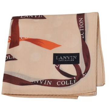 LANVIN COLLECTION 奶茶杏色緞帶印花大方巾品牌LOGO圖騰帕領巾(52CM)