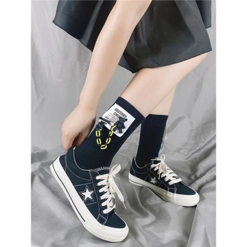 個性貼布鏈條襪女式純色棉襪字母長襪卡通中筒襪3D小熊配飾潮流襪