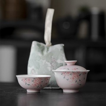 夏禾茶具釉下彩手繪櫻花蓋碗家用手工陶瓷薄胎泡茶碗茶杯禮盒套裝