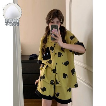 🌙可開發票🌙秋夏 帶胸墊睡衣女睡衣夏款女帶胸墊2026年新款卡通短袖短褲兩件套裝寬鬆學生家居服