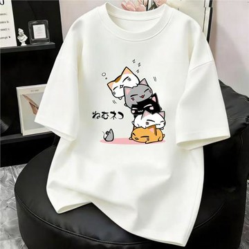 卡通貓咪印花短袖T恤男女寬松潮流可愛風白色上衣夏季