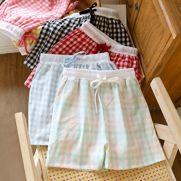 【現貨】夏季女生短褲 100%全棉短睡褲 水洗棉睡衣小短褲女拼色寬腰抽繩格子睡褲女生沙灘褲帶口袋休閒褲