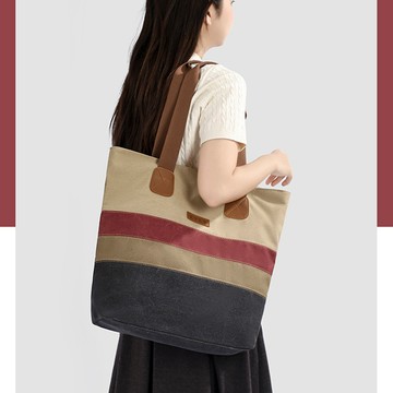 K035 復古拼色厚帆布托特包｜大容量肩背包 通勤外出包