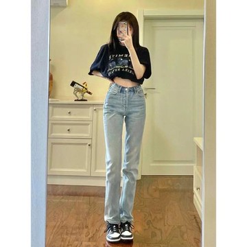 美式復古窄版高腰直筒牛仔褲女小個子2026年新款秋季梨型身材褲子