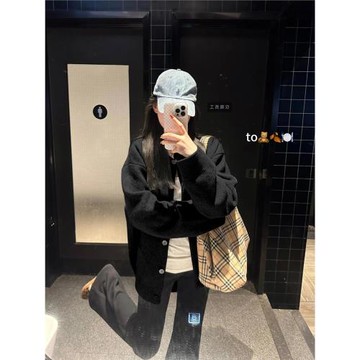 黑色針織開衫女秋季寬松慵懶風休閑高級感春秋外搭毛衣外套上衣冬