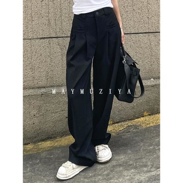 MAY MUZIYA黑色直筒西裝褲女高腰垂感休閑小個子拖地窄版闊腿褲
