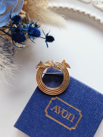 美國西洋古董飾品/ AVON金色圈圈線條萊茵結胸針/別針/早期首飾