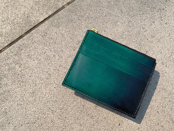 手染皮革 黑綠色漸變 拉鍊卡套