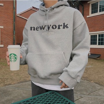 【PORY STORE】韓國 NEW YORK 植絨 厚磅帽T 長袖帽T 大學t 帽t寬鬆 落肩 長袖上衣 男女皆可