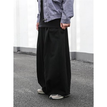 日系復古潮牌廓形休閑褲男秋冬季百搭褶皺錐型寬松九分工裝闊腿褲