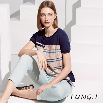 LUNG.L林佳樺 藍色素面針織拼接格短袖女裝上衣LS20A