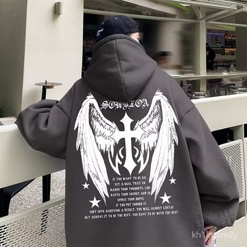 🐱限時下殺🐱十字架剋羅心翅膀印花設計感美式高街帽t大學t男女 情侶帽t連帽上衣刷毛款薄款秋冬季新款學生長袖上衣 JH7N