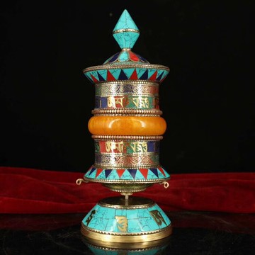 古玩新款黃銅 尼泊爾老銅純手工掐絲鑲嵌寶石轉經輪時來運轉藏經