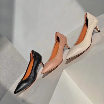 外貿原單高跟鞋女鞋細跟淺口尖頭真羊皮軟鹿皮奶奶鞋舒適百搭春秋