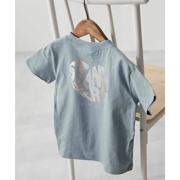 日本 devirock - 100%棉 閃亮金屬印花短袖上衣-愛心文字-霧藍