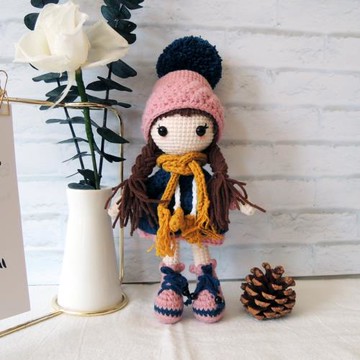 小款帶帽女孩玩偶手工diy編織自制織毛線玩偶打發消磨時間材料包