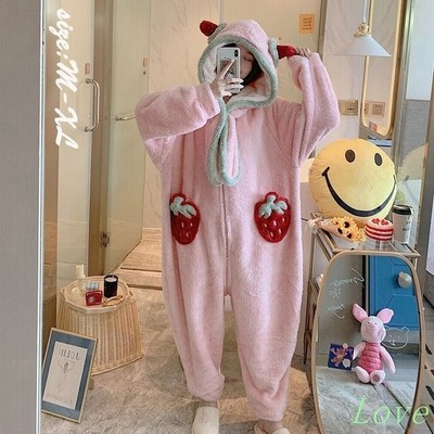 いちご フランネルパジャマ レディース ルームウェア オールインワン ロンパース 春秋冬 厚手 暖かい もこもこ 長袖 大きい 部屋着 ファスナー付き 可愛い 通販 Lineポイント最大get Lineショッピング