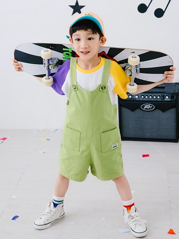 純棉造型大口袋吊帶寬褲