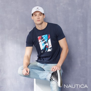 Nautica男裝 品牌LOGO抽象印花短袖T恤-深藍色