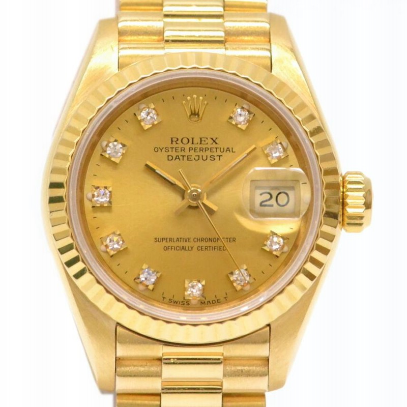 本物 ロレックス ROLEX 金無垢 デイトジャスト ダイヤモンド 10P 腕時計 L番 AT オートマ 750 18K YG ゴールド文字盤  69178G レディース 中古 | LINEショッピング