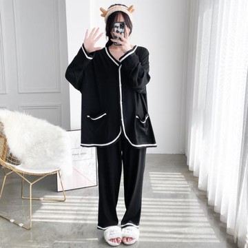 V領坑條棉開衫睡衣女加肥大碼長袖長褲兩件套寬松胖MM200斤家居服