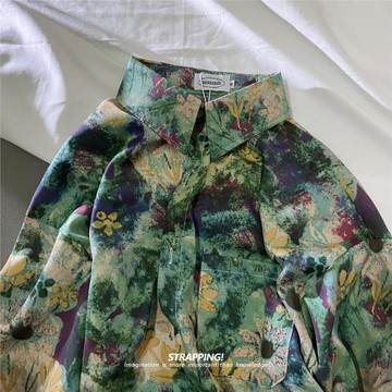 STRAPPING青苔印象植物碎花短袖花襯衫男女夏威夷泰國復古日系