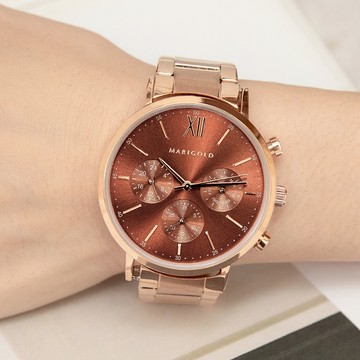 MARIGOLD閃耀夢想炫光真三眼金屬鍊帶手錶【WMD06788】-酒紅面玫金帶