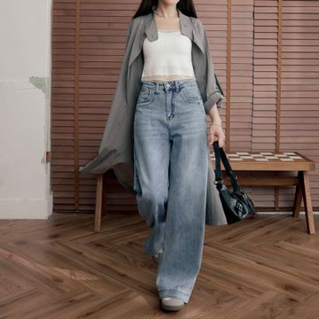 OB嚴選中大尺碼-厚磅彈力刷色修身牛仔寬褲《BA7865》