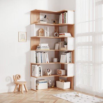 【樂樂】L型轉角簡約實用書架雙色6層90x60(實木書架 層架 置物架 收納架)原木+白色 六層90*60