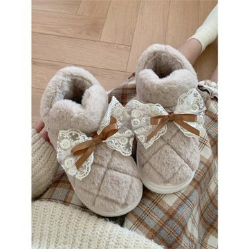 細細條 韓系仙女風蕾絲蝴蝶結棉鞋冬季保暖加厚防滑外穿雪地靴女