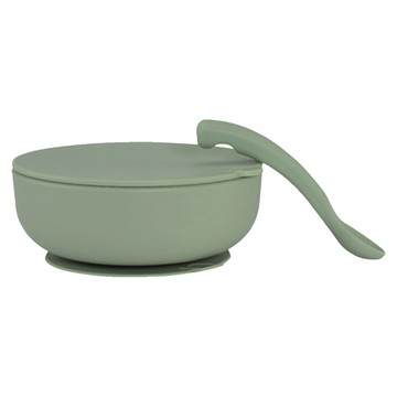 By Lille Vilde 防滑矽膠吸盤碗套裝 含湯匙和碗蓋 100%食品級矽膠 防塵防漏  草綠色  1組