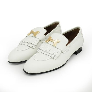 Hermes 展示品 Royal 山羊皮淡金釦流蘇樂福鞋#37(92白)