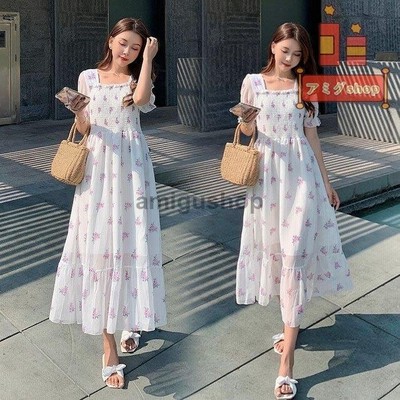 ワンピース レディース マキシワンピース 春夏 半袖 白ワンピースパフスリーブ シフォン きれいめ花柄フレアスカート オシャレ結婚式 お出かけ ゆったり 通販 Lineポイント最大get Lineショッピング