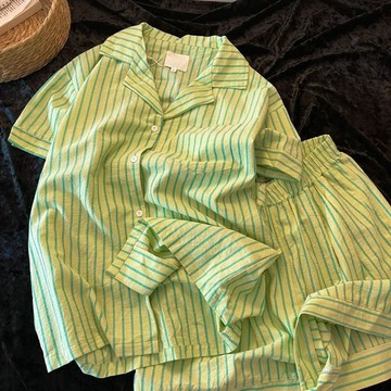 ✨台灣出貨✨洋氣慵懶風云朵棉開衫睡衣女夏季短袖短褲簡約撞色條紋家居服套裝