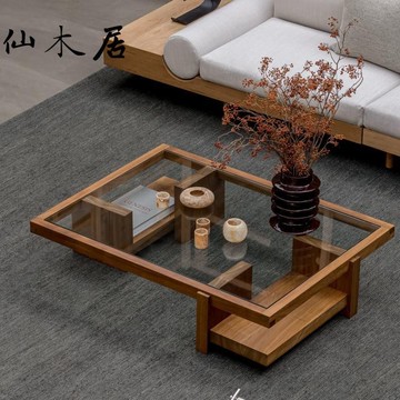 茶几 邊桌 極簡實木鋼化玻璃方形茶幾客廳家用簡約現代中古風茶桌日式矮桌子S0128公司貨