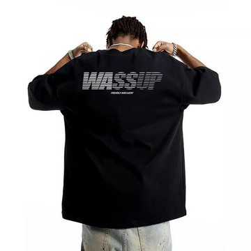 WASSUP美式漸變字母純棉圓領短袖T恤男重磅國潮夏季情侶印花半袖   寬鬆 五分袖T恤 厚磅T 高磅T