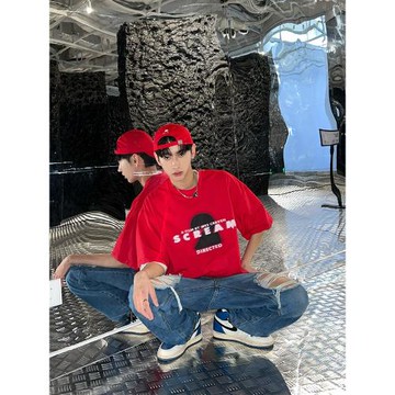 XMOB STUDIO新款紅色美式復古T恤男女潮流百搭短袖男夏季寬松半袖