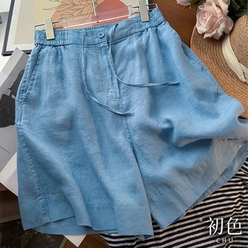 初色 棉麻風純色高腰闊腿西裝褲五分褲短褲-共3色-35085(M-2XL可選)