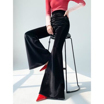 AKSAYA港風復古時髦洋氣金絲絨微喇褲加厚黑色長褲高腰褲子秋冬季