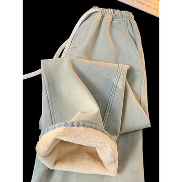 加絨加厚牛仔褲女秋冬寬松直筒2025新款淺色小個子加棉冬季褲子女