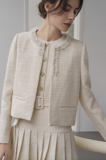 法式極簡 真絲花邊外套 無袖百褶連身裙套裝