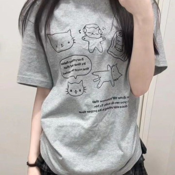 免運 臺灣出貨太愛啦__【現貨】新款夏季百搭ins卡通小貓印花短袖T恤學院風上衣限時下殺 0515🔥🔥