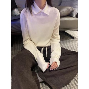 設計感白色polo領長袖長袖針織衫女秋冬寬松短款毛衣內搭打底上衣