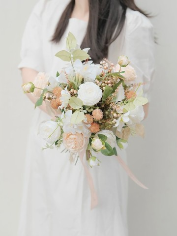 大地色絲花結婚花球 | 新娘手捧花 仿真花 麻色 白色