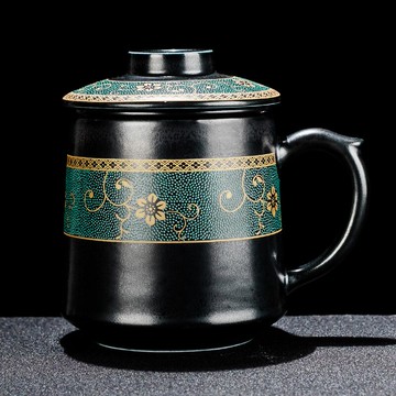 老段泥帶過濾辦公茶杯陶瓷黑陶情侶杯子大號帶把老板水杯套裝