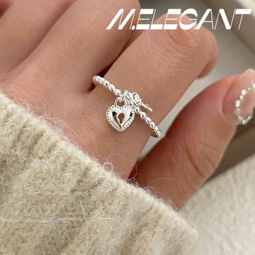 M.e.【24H出貨】甜美鑰匙愛心吊墜戒指電鍍泰銀開口戒指 可調節戒指