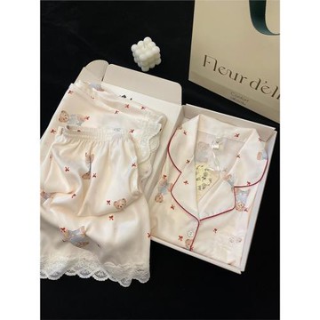 Sin Glee 韓版卡通小熊印花冰絲短袖睡衣女2024新款短褲家居套裝