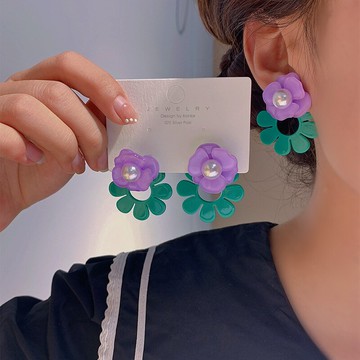 韓國新撞色花朵前后款耳釘醋酸高甜美膩時尚清新一款兩戴耳環