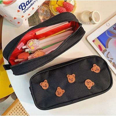 くま クマ ペンケース 大容量 キャンバス 筆箱 小物入れ 男子 女子 高校生 中学生 小学校 かわいい 人気 シンプル 大きめ ダブルファスナー おしゃれ 通販 Lineポイント最大get Lineショッピング