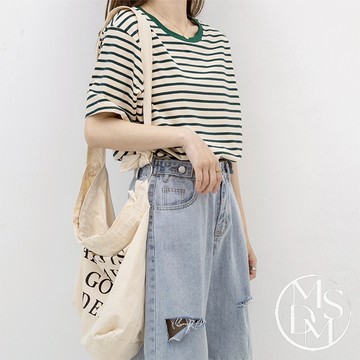 【MDMS】韓版純棉上衣 寬版條紋綿T 短袖T恤 純棉 撞色設計 日系 夏季必備款 百搭休閒 女生上衣 寬鬆 S167
